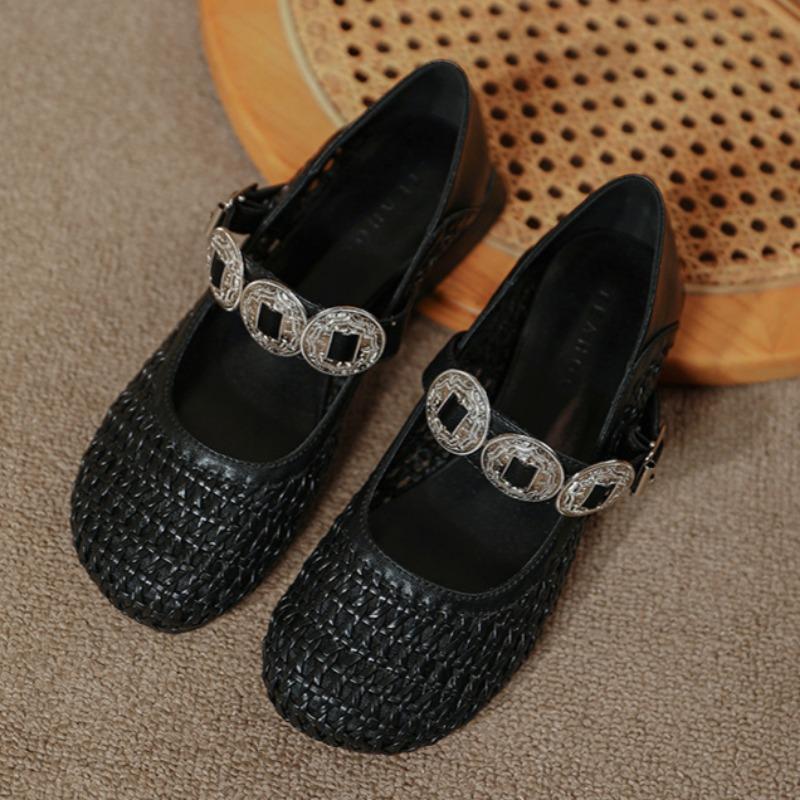 Woven Hollow Shoes Niche Mesh Toe Shoes Metal Buckle One-strap Women's Shoes Round Toe Flat Mary Jane Shoes