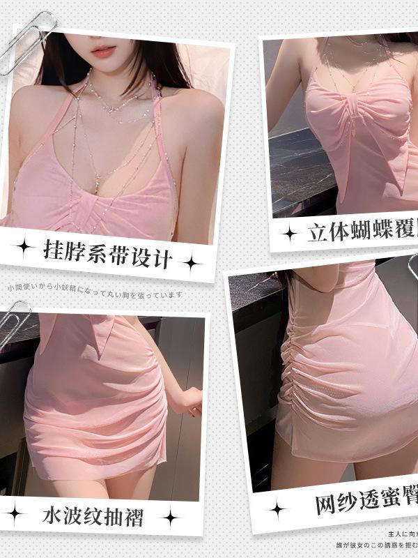 Feimu Pink Girl Butterfly Dress Elegant Sexy Pure Desire Hanging Neck Sweet Mesh Lace Transparent Fashion Women Dress Jro0