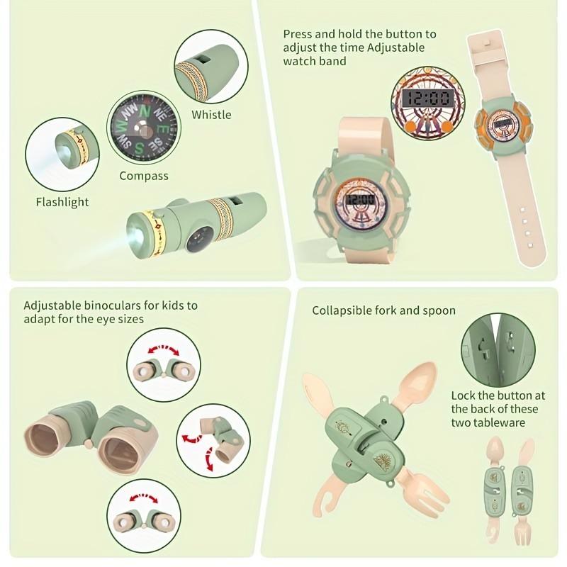 סט קמפינג לילדים צעצוע ערכת מגלה שטח משחק דמיון אוהל אופציונלי מדורה משקפת שעון תיק מתנת יום הולדת לבנים ובנות