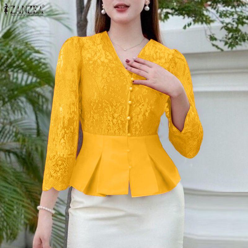 

ZANZEA Женская повседневная блузка с V-образным вырезом, рукавом 3/4, кружевной вставкой, приталенного силуэта 5XL жёлтый