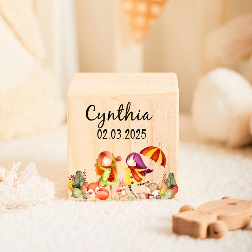 Personalized Money Box Kids Money Boxes Cartoon with Name Coin Collection Box Wood Coin Bank Child Birthday Baptism Shower Gift
