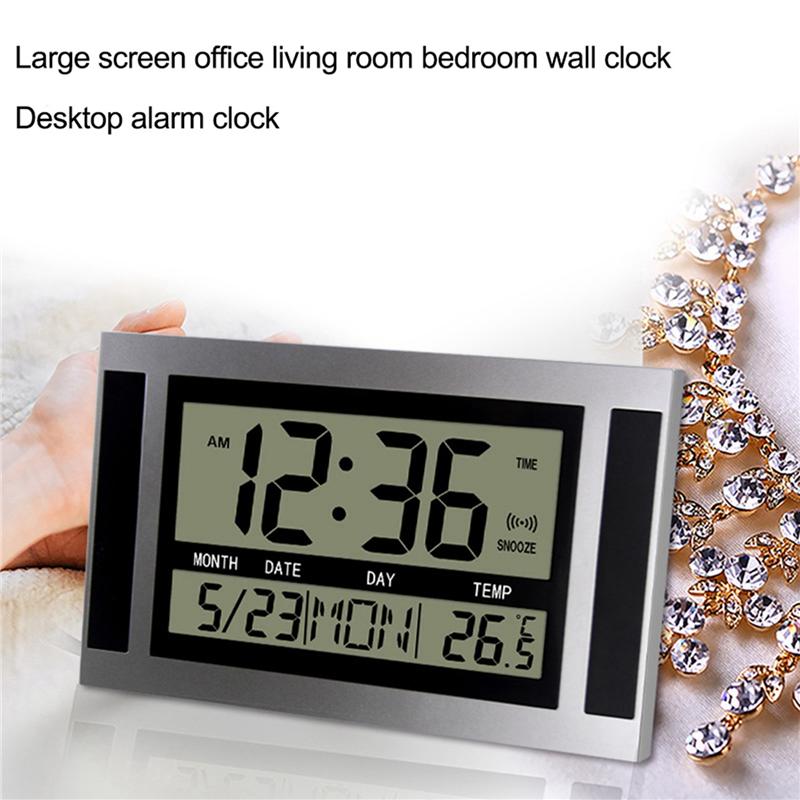 ABUL-4X Digital Wall Clock LCD Large Number Time Temperature Calendar Alarm Table Desk Clock Modern Design Office Home Silver