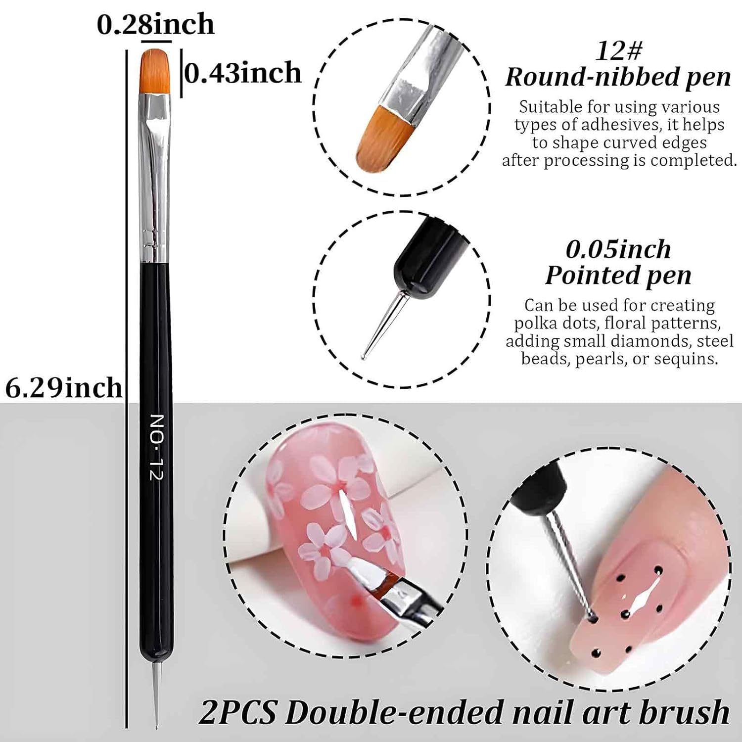 2 PCS French Brush for Nails with Dotting Tool, 2 Way French Nail Manicure Brush Size #12
