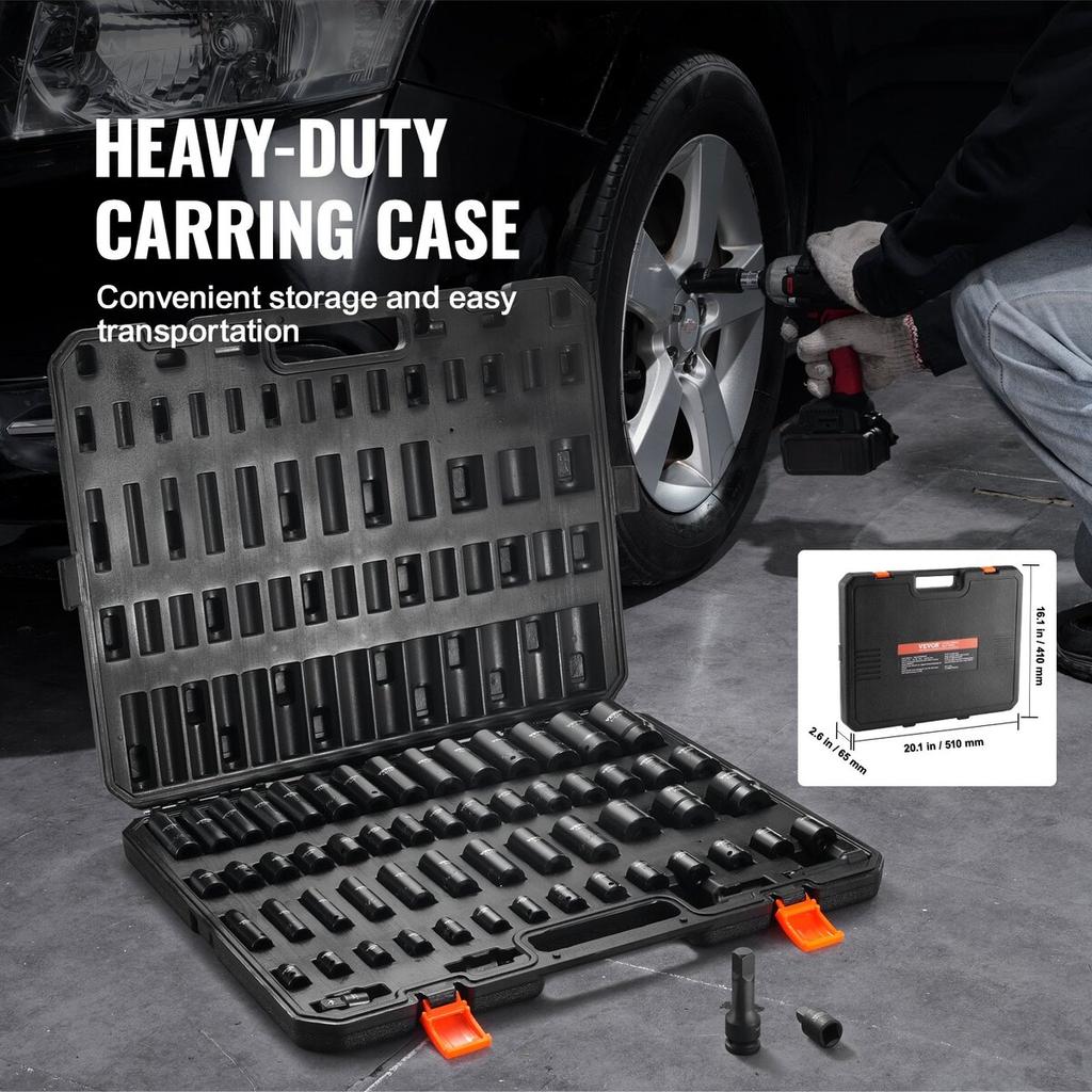 Impact Sockets Set 59pcs 6-Point 3/8" & 1/2" Drive Bit Ratchet Tool Kit