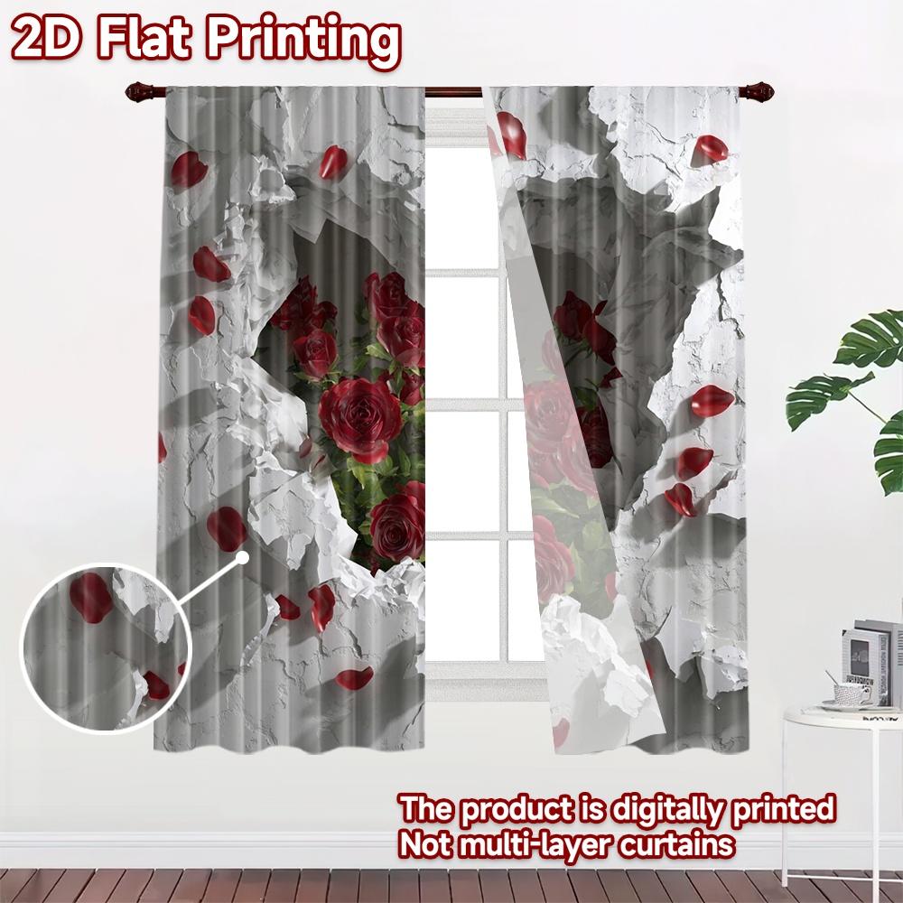 2D flat printing 2pcs Curtain Curtain Valentine's Heart with Roses Digital Printed Polyester Drapes Holiday Decorations Perfect