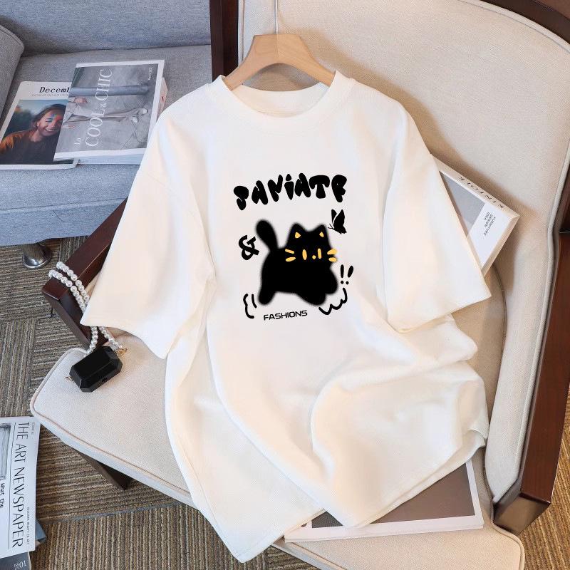 

Plus Size 2025 Summer Cute Cartoon Print Loose Short-Sleeve Cotton T-Shirt for Women L