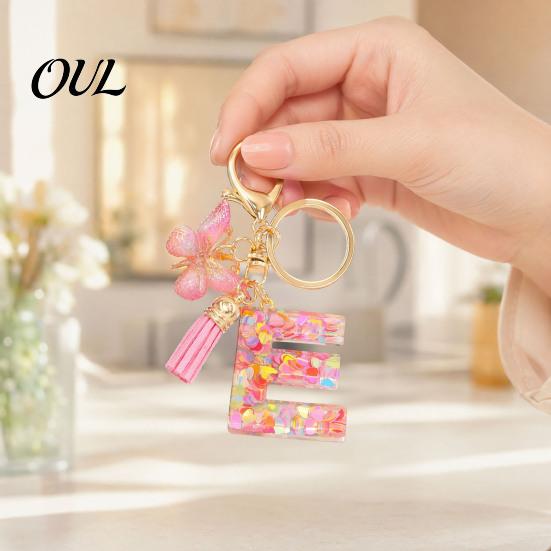 Kompaktes Schlüsselanhänger-Anhänger in Rosa-Serie, Pailletten Herz Initialen-Buchstaben-Anhänger Schlüsselkette mit tragbarem Schmetterlings-Quasten-Design, A-Z Halter für Tasche