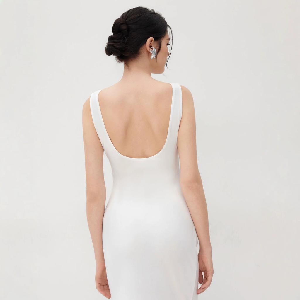 Abito da donna midi elegante, senza maniche, con scollo a barca, vestibilità aderente, vita arricciata, spacco, bodycon