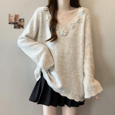 Pull Tricoté Fleur Tridimensionnelle Col V Grande Taille Femme 2025 Automne Hiver Mi-long Haut Mode
