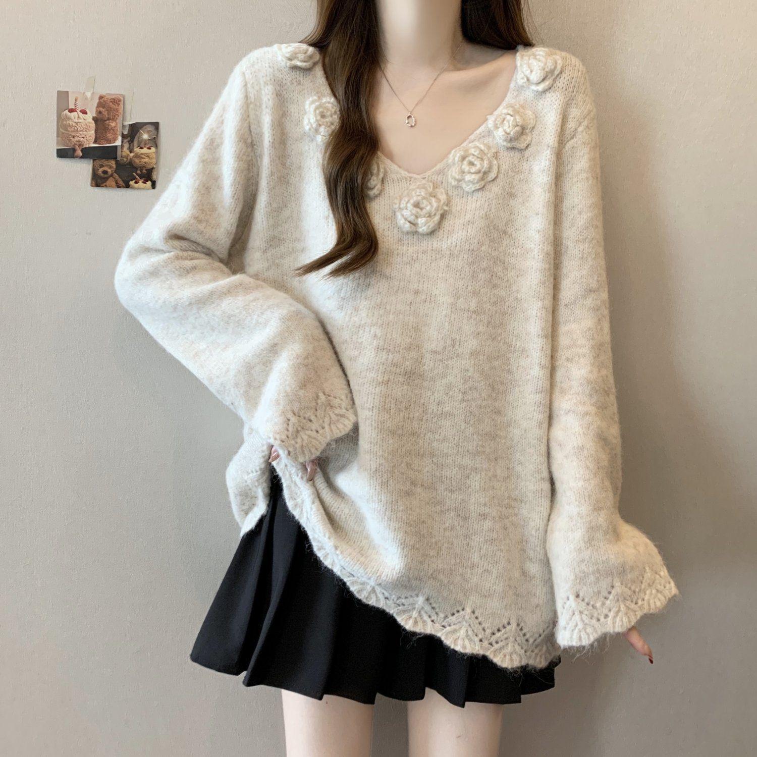 

Объемный вязаный свитер с цветами, V-образный вырез, большой размер, женский, 2025, осень-зима, средней длины, модный топ L абрикосовый