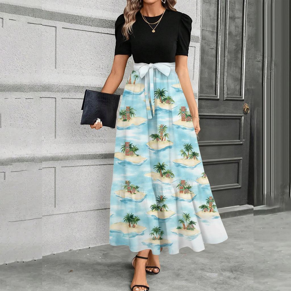 Short Sleeve Women's Dress Casual Flowy A-Line Midi Tshirt Dresses With Pockets Crewneck Vocation Boho Beach Sundress