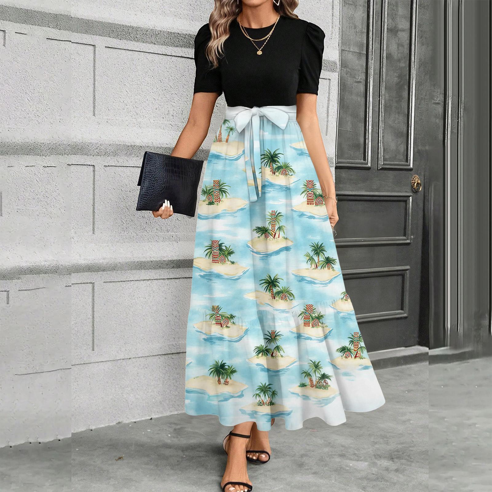 

Женское платье с коротким рукавом, повседневное, свободное, А-силуэта, миди, футболка-платье с карманами, круглый вырез, для отдыха, в стиле бохо, пляжный сарафан L синий