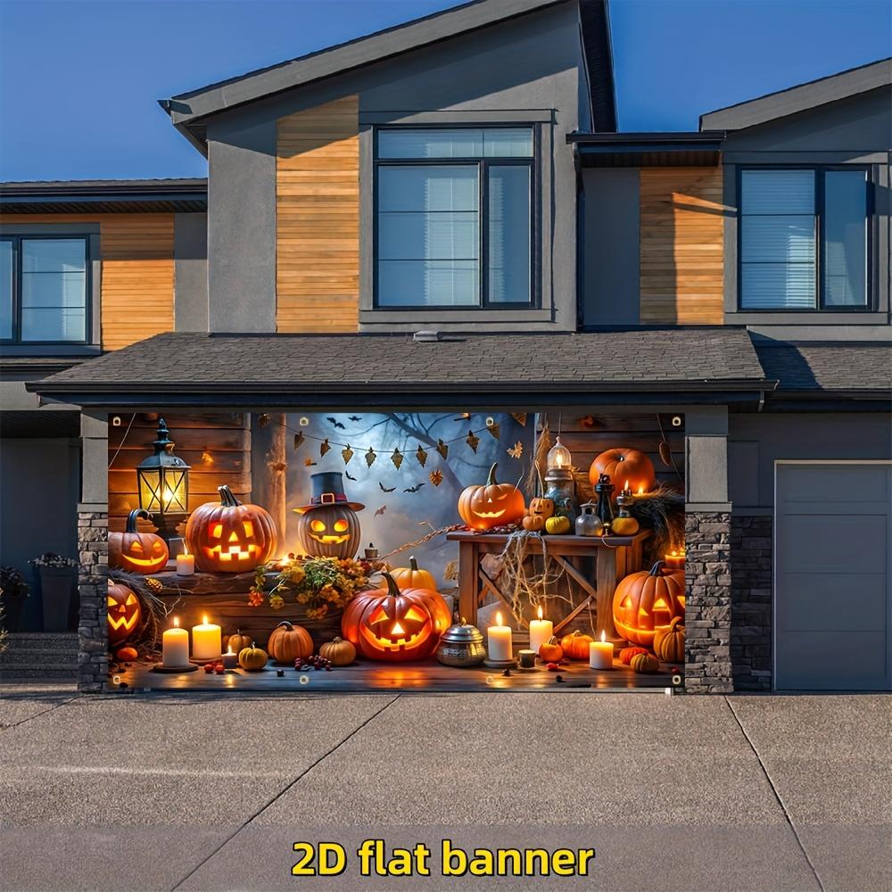 2D Flat Banner 1 Piece Halloween Garage Banner Cute Pumpkin Lantern Background Happy Party Decoration
