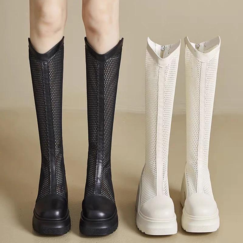 Fashion Sexy Mesh Hollow Boots Woman Summer 2025 Solid Size Zipper Mid-Calf Boots for Women Fashion Round Toe Platform Shoes Lady