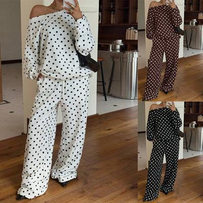 Womens Polka Dot Print Off Shoulder Long Sleeve Loose Casual Two Piece Sweatshirt Pant Set