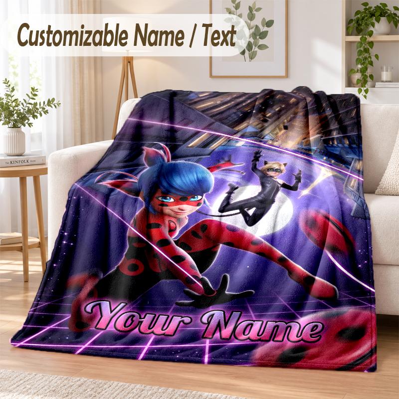 Miraculous Ladybug Custom Name Flannel Throw Blanket Soft Warm for Sofa Bed Indoor Home Use