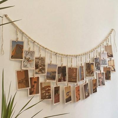 Hanging Photo Display with Wooden Beads Garland 22 Clips Birthday Photo Display Holder Classroom Dorms Bedroom Wall Decor