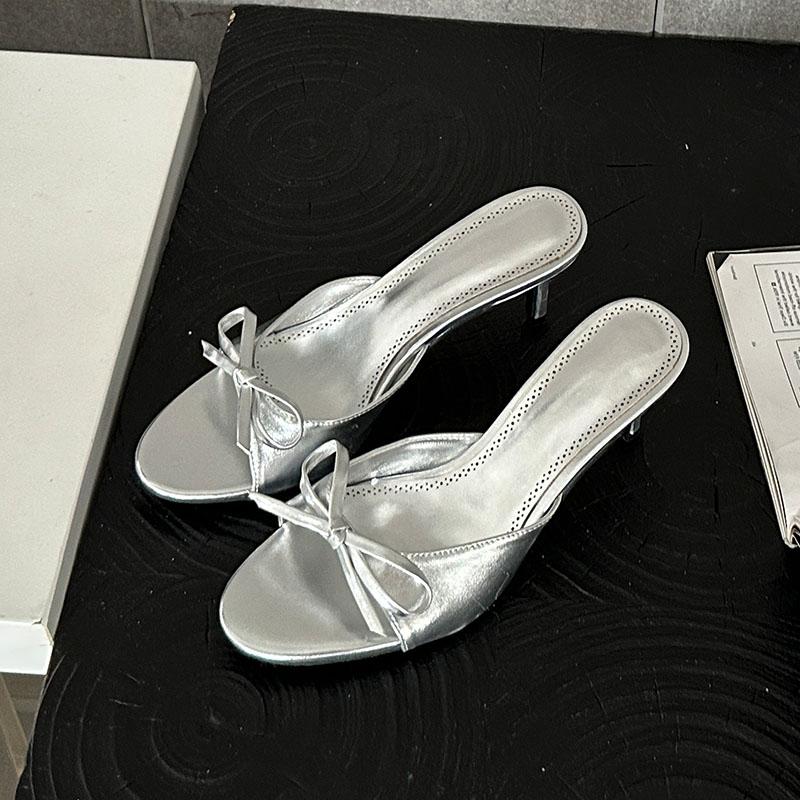 Fashion Pink Female Round Toe Footwear Thin Heels Sandals Slides Shoes For Women Fashion Butterfly-Knot Ladies Heeled Sandals Shoes