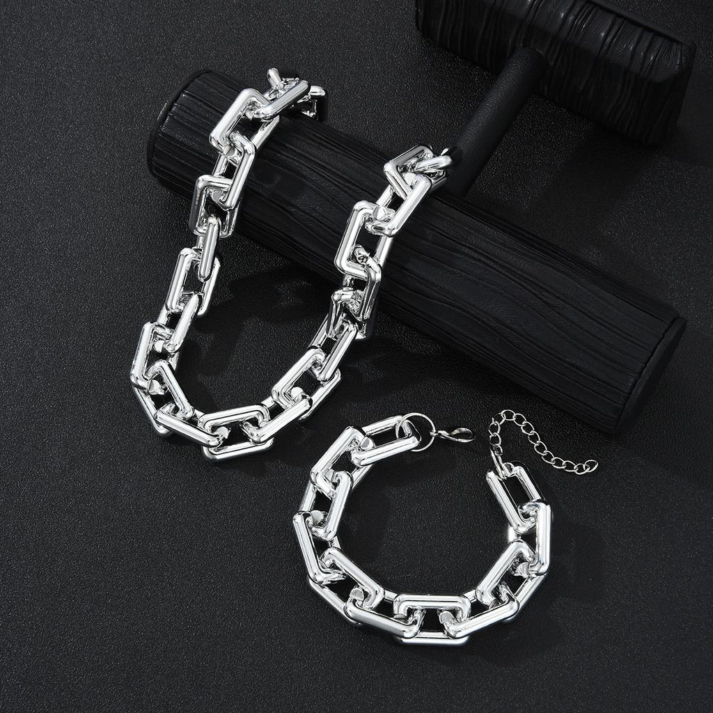 2PCS Thick Paperclip Chain Necklace Bracelet Set For Women Men Geometric Silver Color CCB Unisex Jewelry Set Hip Hop Accessories