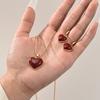 3PCS Vintage Red Heart Pendant Necklace Earrings Set for Women Simple Gold Color Necklace Earrings Fashion Female Party Jewelry
