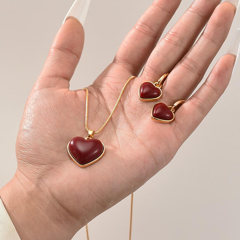 3PCS Vintage Red Heart Pendant Necklace Earrings Set for Women Simple Gold Color Necklace Earrings Fashion Female Party Jewelry