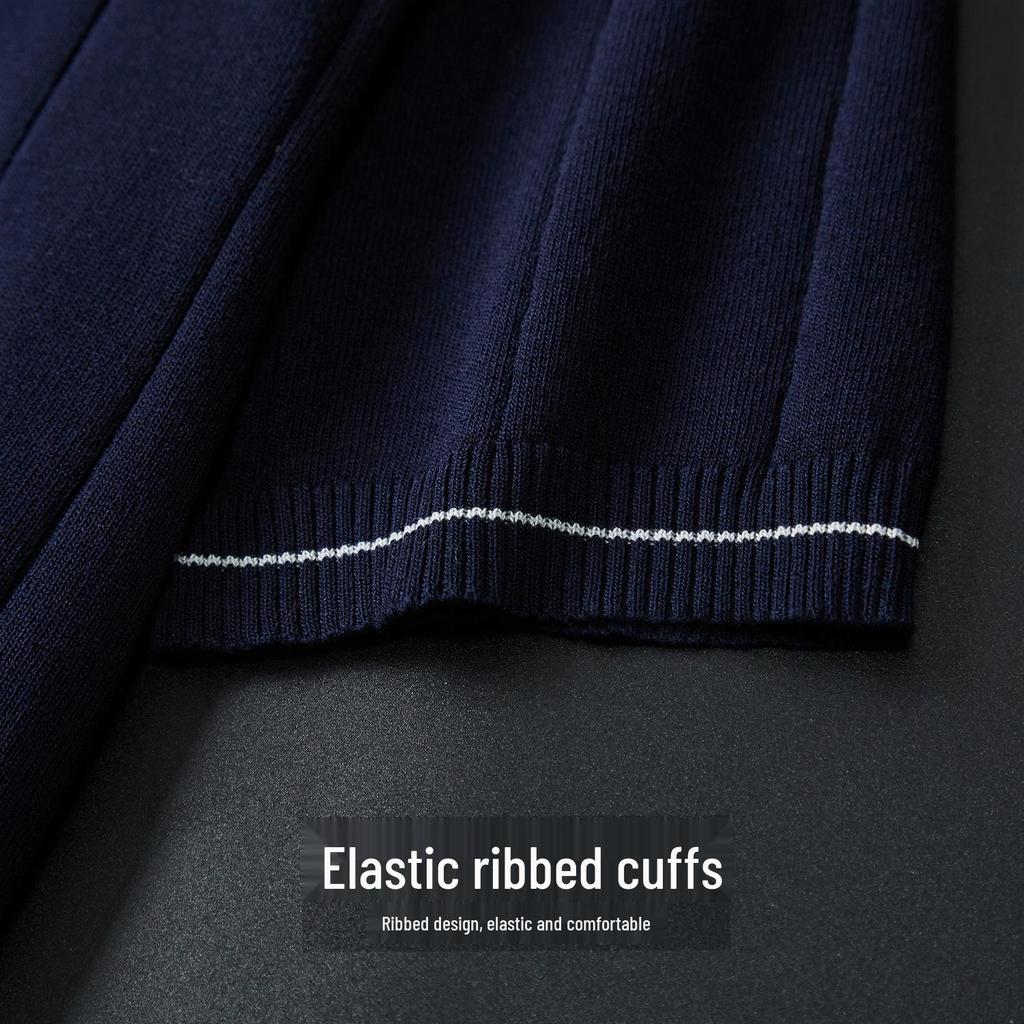 Men's Thick Knitted Color Block Striped Polo with Zip-Up and Turn-Down Collar