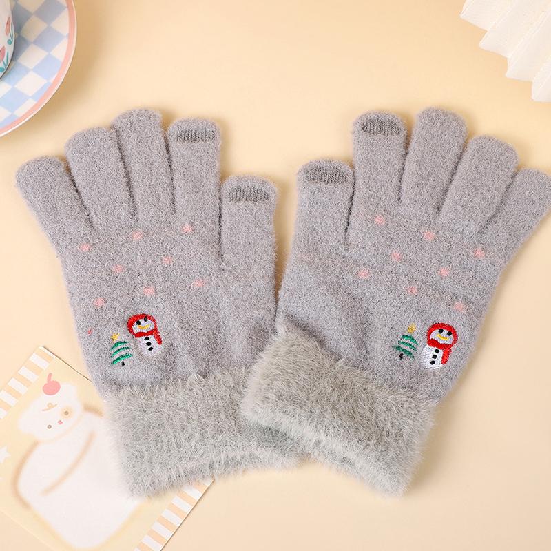 Autumn And Winter Knitted Plush Gloves Outdoor Cycling Windproof Warm Thick Cute Cartoon Touch Screen Gloves