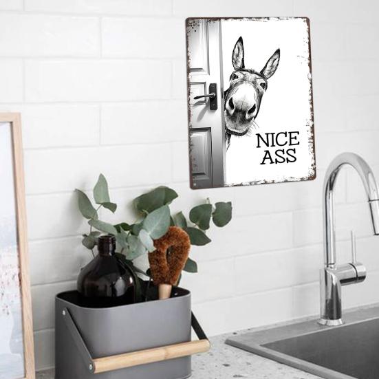 Rustic Farmhouse Bathroom Signs Funny Wall Sign, Vintage Metal Humorous Highland Cow Donkey Sign Art, 12" X 8" for Restroom Washroom Decor Decorative