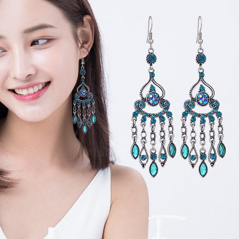 Red Retro Tassel Water Drop Earrings with Diamonds – Chinese Style for Women