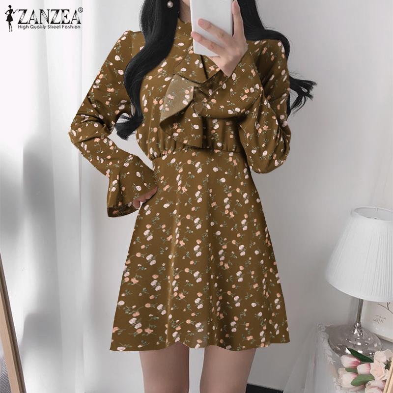 

ZANZEA Весеннее женское праздничное короткое платье с цветочным принтом и расклешенными рукавами