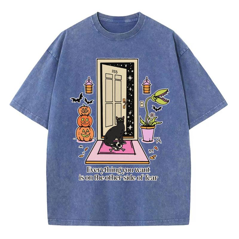 Halloween Pumpa Demon Tryck Dam T-shirt Tvättad Denim Casual Retro Lös Kortärmad Holiday Wear Kläder