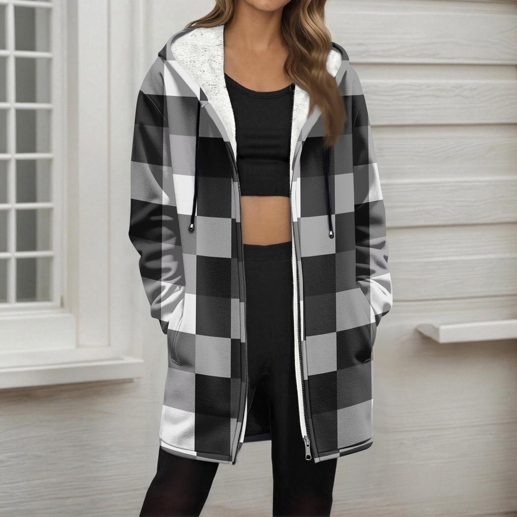 Women's Striped Printed Fashionable Loose Zipper Fleece Hoodie Jacket
