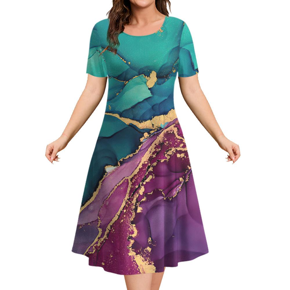 2026 New Summer Loose A-line Dress 3D Printing Short-sleeved Women's Evening Dress Women's Elegant Fashion Round Neck Dress