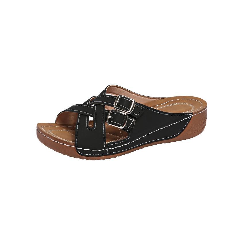Large size flat bottom slope heel casual slippers new cross-strap solid color open-toed fish mouth slippers