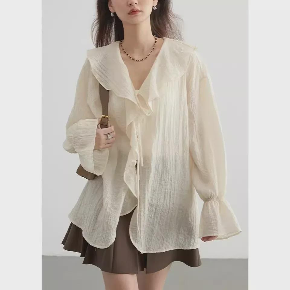 Visual Space Spring Tencel Ruffle Sleeve Lace-Up Mid-Length Shirt