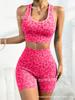 Ribbed seamless fitness wear for women, abstract graded printed camisole vest, tight five-point shorts, training sports set