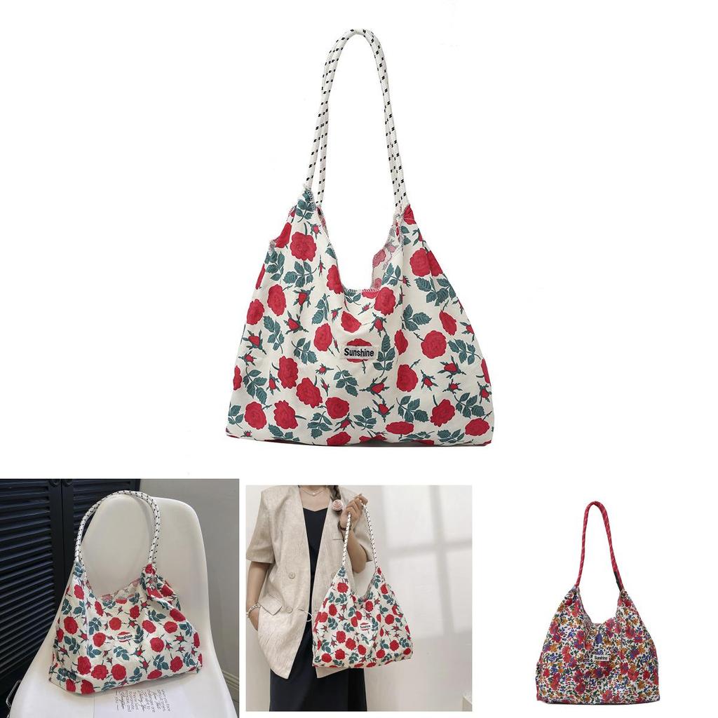 Floral Canvas Tote Bag Large Capacity Casual Shopper For Daily Use