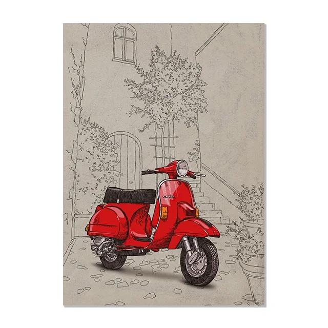 Italian Style Famous Building Background Fiat 500 Red Yellow Vespa Poster Print Wall Art Picture Canvas Painting Room Home Decor