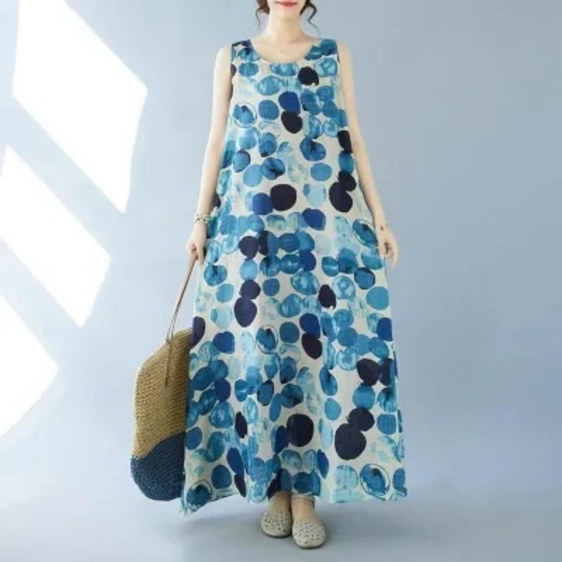 Summer Plus Women's Retro Artistic Loose Print Sleeveless Cotton Linen Dress Vest Suspender Casual Dresses