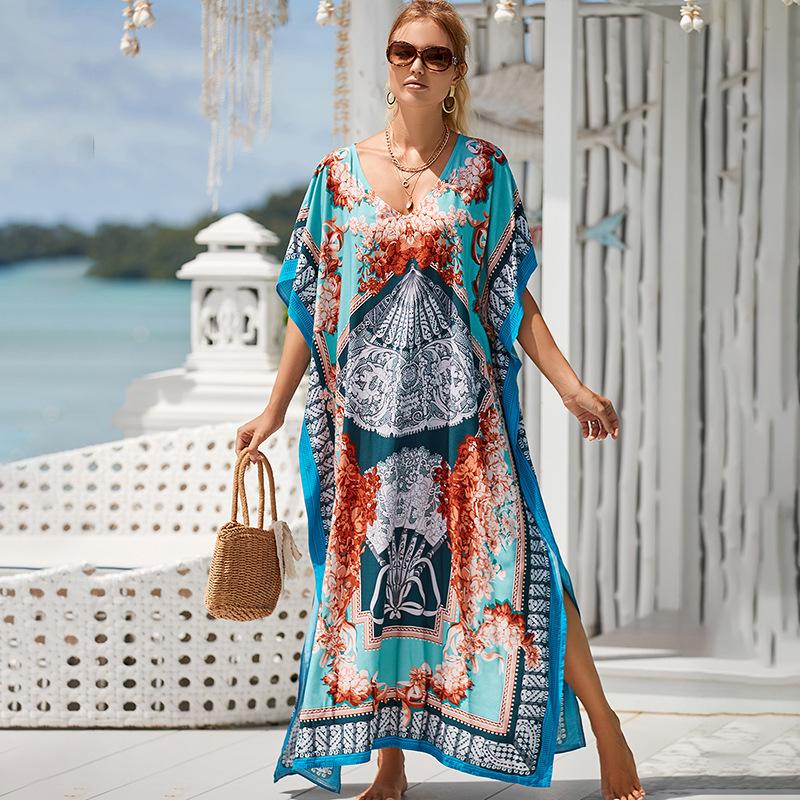 Boho přikrývka větší velikosti, dámský potisk plus malba netopýří rukáv rukáv do V výstřih s děleným lemem Maxi zakrývací šaty