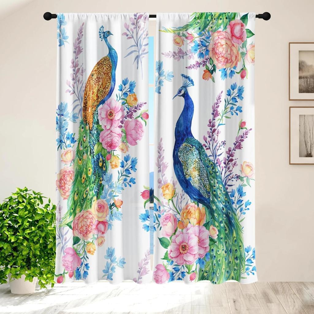 2pcs Elegant Peacock Pattern Curtains Polyester Rod Pocket For Living Room Bedroom Kitchen Study Stunning Background Decor