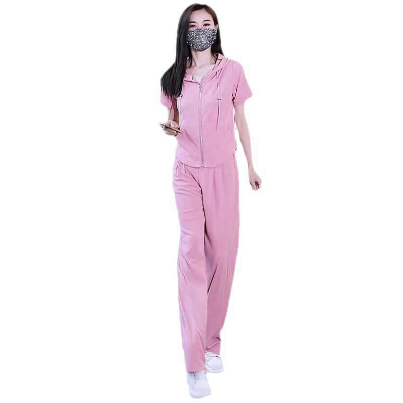 Summer Korean-style Loose Short-sleeved Fashionable Stylish Long Pants Two-piece Set of Cardigan Casual Sports Suit for Women