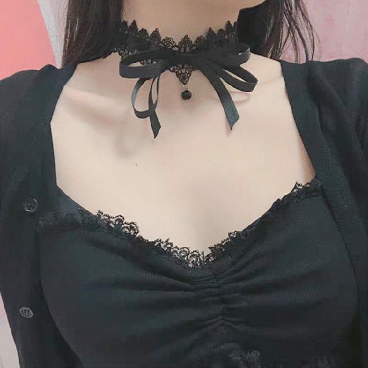 Sexy Schwarzer Spitzen-Schleifen-Knoten-Choker-Halskette Modisches Kragen-Halsketten-Schmuckstück