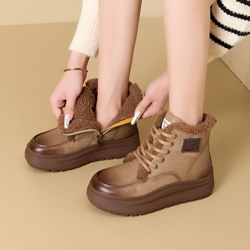 Bottes de Neige Rétro en Velours d'Agneau pour Femmes - Antidérapantes, Rehaussantes, à Semelles Épaisses, Bottines Courtes d'Hiver Chaudes