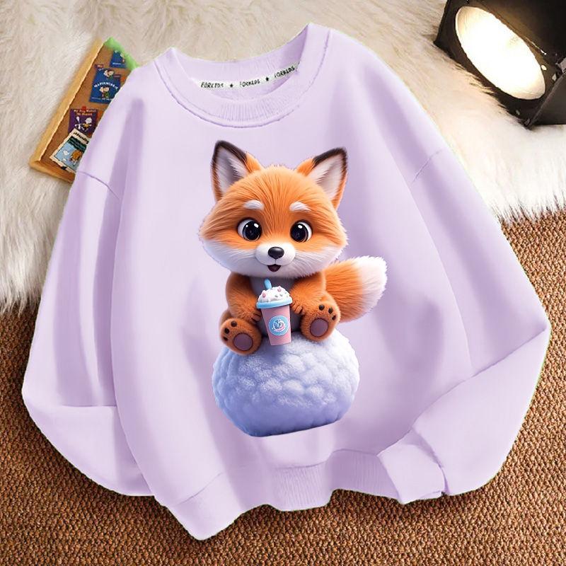 Cute Milk Tea Little Fox Round-neck Hoodie for Children, Fashionable Long-sleeved Casual Hoodie for Boys and Girls in Spring and Autumn