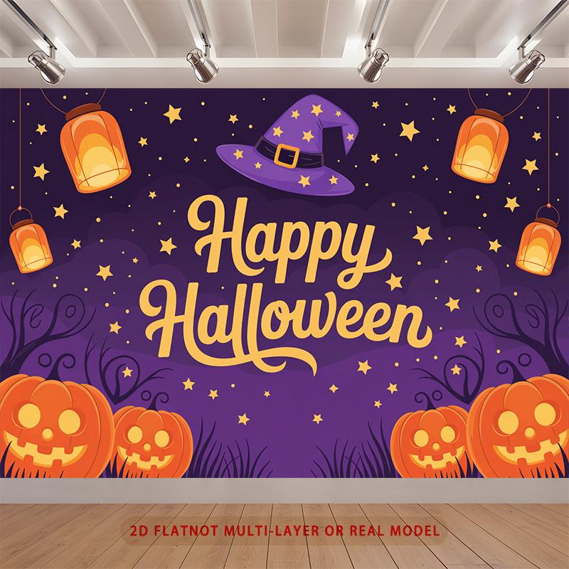 Party Backdrop Halloween Stars Purple Flat Witch Pumpkin Lantern Multi Layered Event Backdrop Decoration Front Door Decor