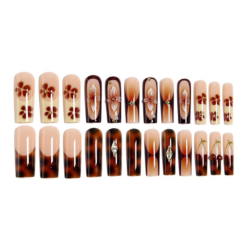Wearable Long Water Pipe 3D Embossed Flower Manicure Nails Removable Fake Nails Wearable Nails