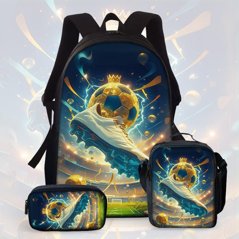 Football Cartoon Print Junior High School Backpack Three-Piece Children'S Schoolbag Primary School Backpack