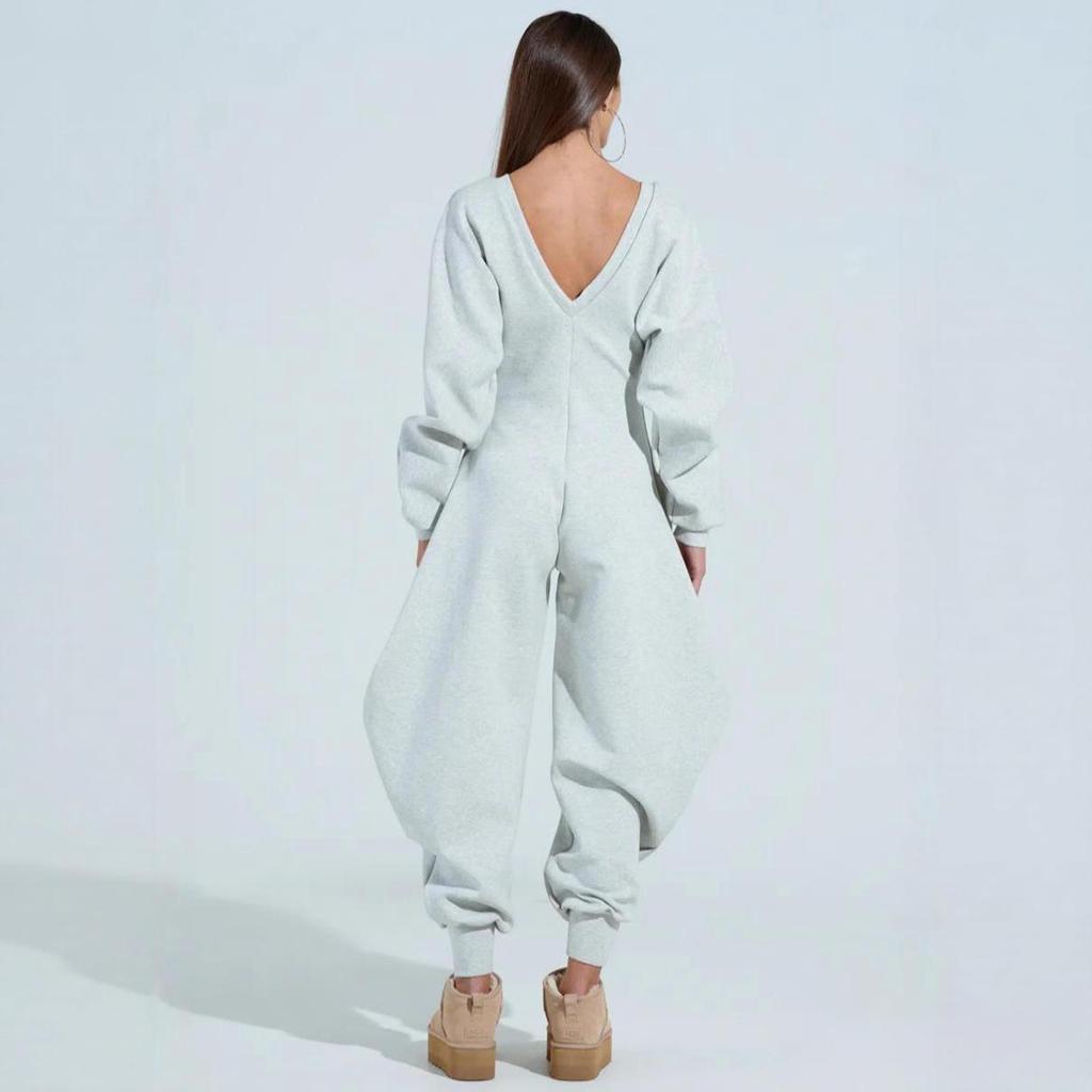 Women's Solid Color Jumpsuit Flared Pants Tight V-neck Sexy Long Sleeved Jumpsuit