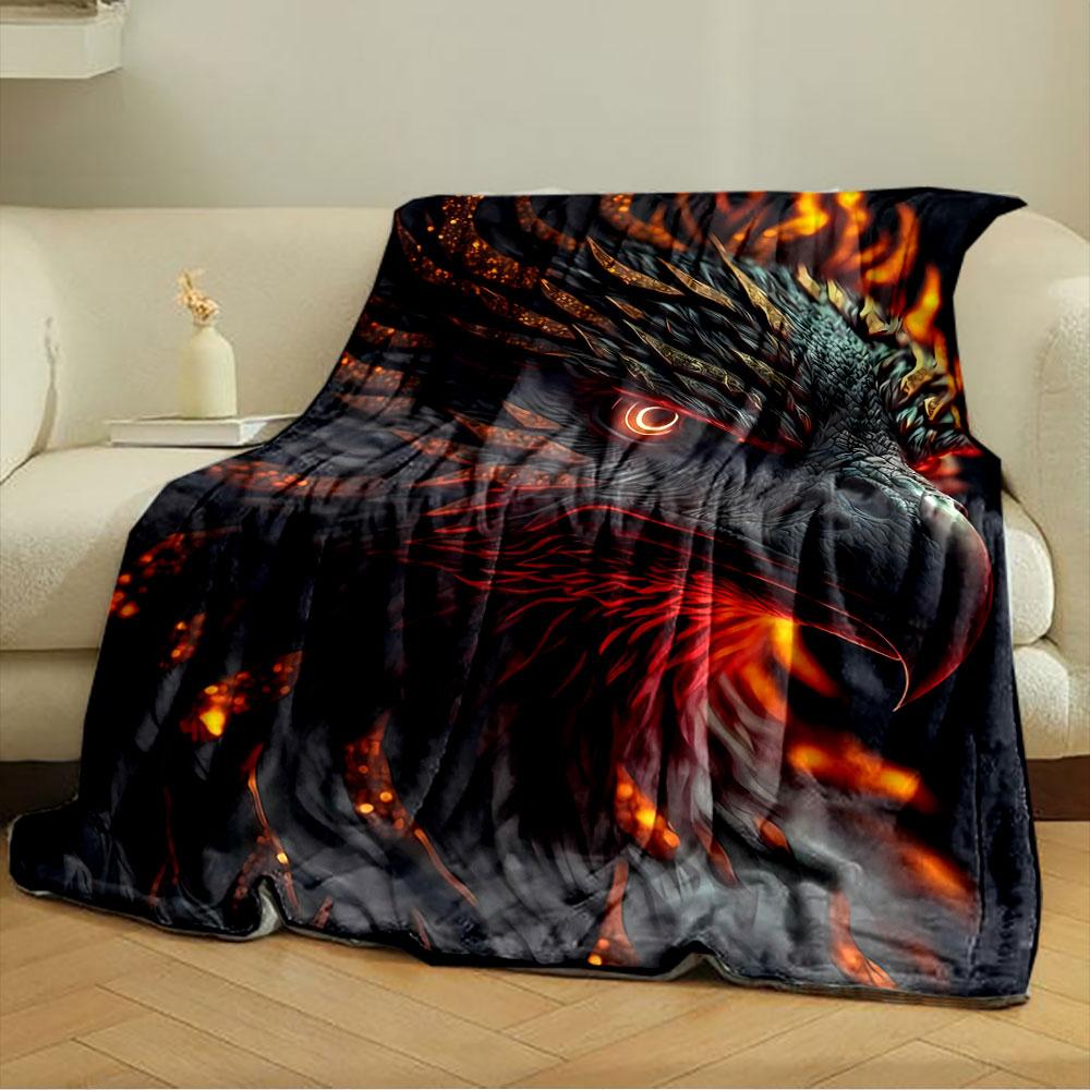 A fiery, phoenix-like bird with glowing feathers and intense, vivid eyes. for all seasons blanket lunch break throw gift